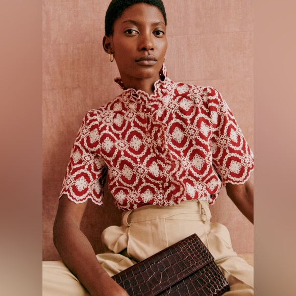 Sezane Tops - NEW SÉZANE DALHIA SHIRT Bordeaux broderie ecru 44